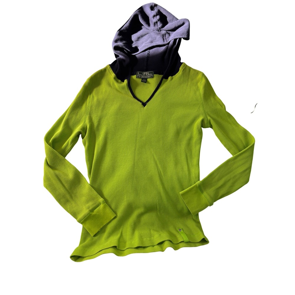 Lauren Ralph Lauren Active Lime Green Waffle Knit Hoodie Navy Blue V-Neck Medium